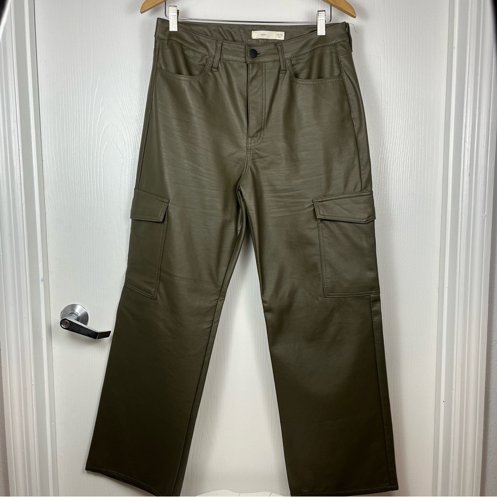 Women’s vegan leather cargo straight leg dark olive green pants